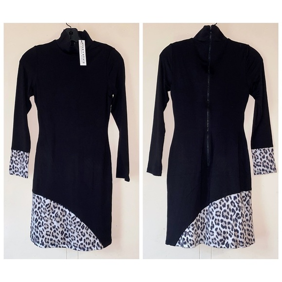 Alice + Olivia Delora Black White Turtleneck Leopard Patchwork Mini Dress - Picture 7 of 16